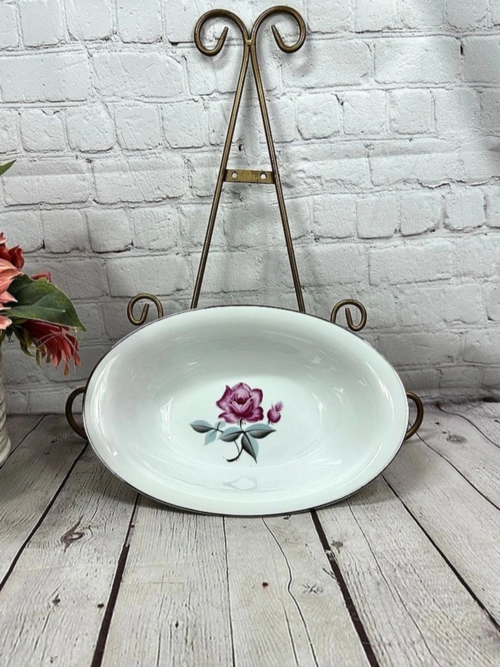 vtg I. China A-5238 Floral oval serving bowl pink rose english cottage romantic